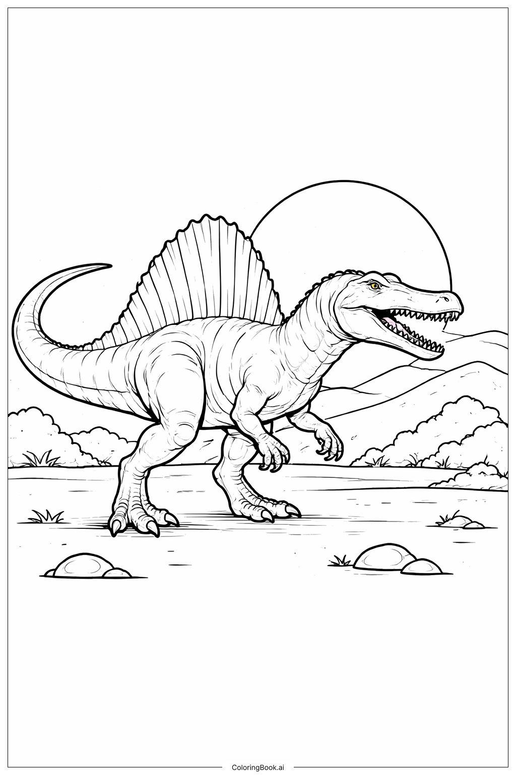 Página para colorir de Spinosaurus Rugindo ao Pôr do Sol 