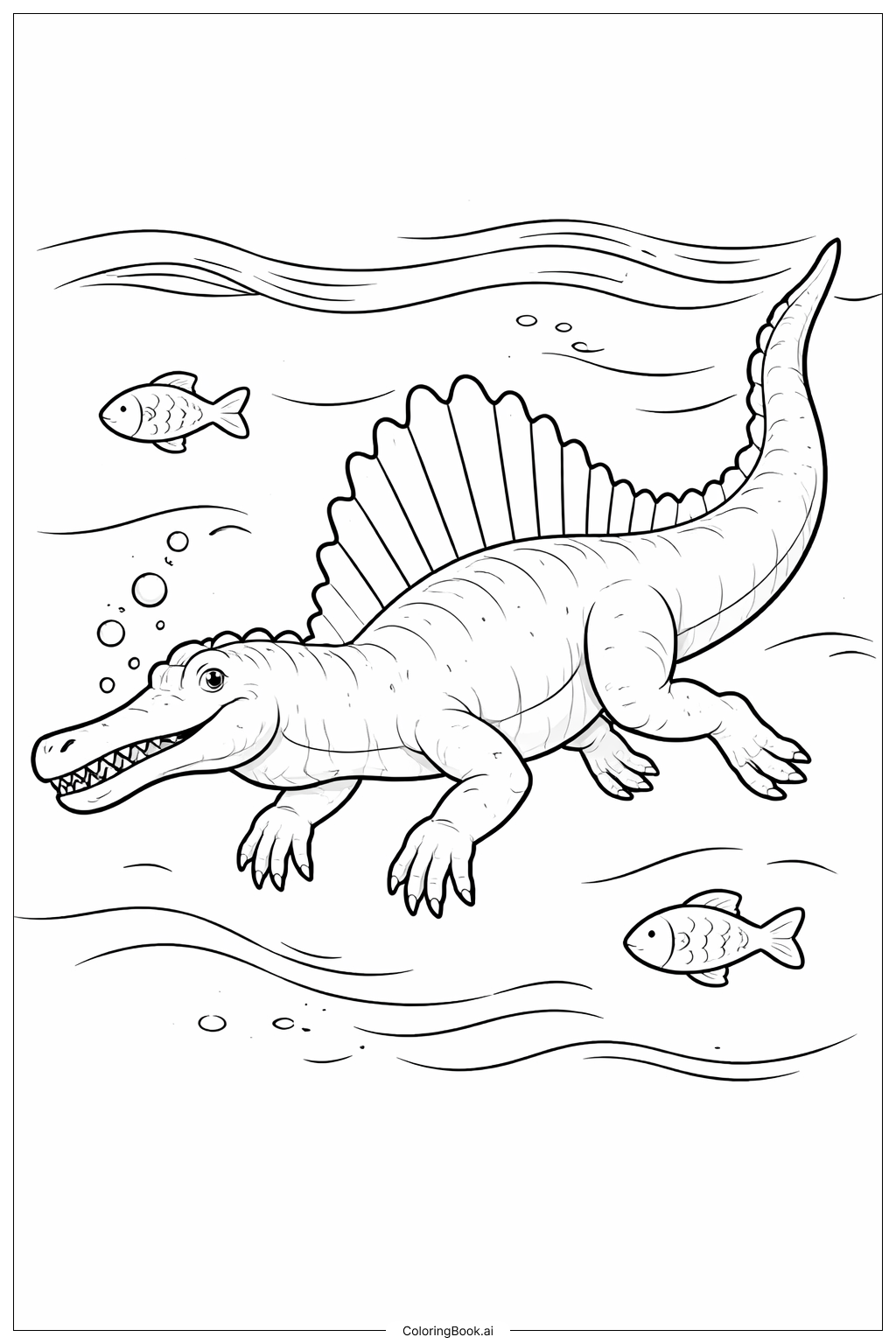 Página para colorir de Spinosaurus Nadando com Peixes 