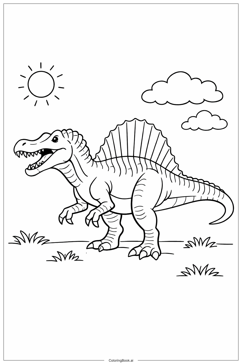  Página para colorir de Spinosaurus Sob o Sol e as Nuvens 