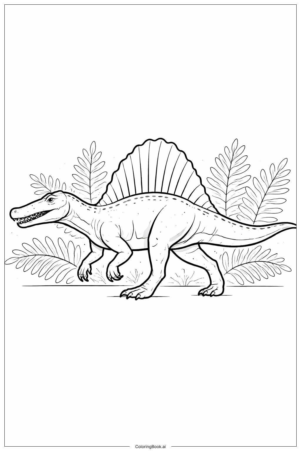  Página para colorir de Spinosaurus Caminhando entre Samambaias 