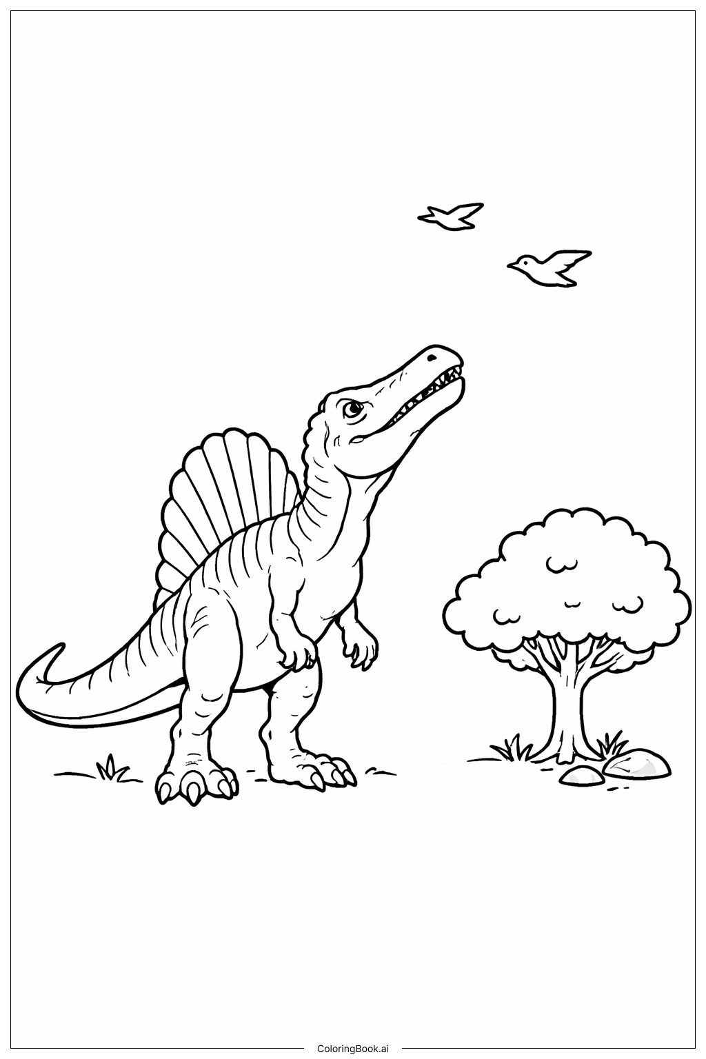  Página para colorir de Spinosaurus Observando Pássaros 