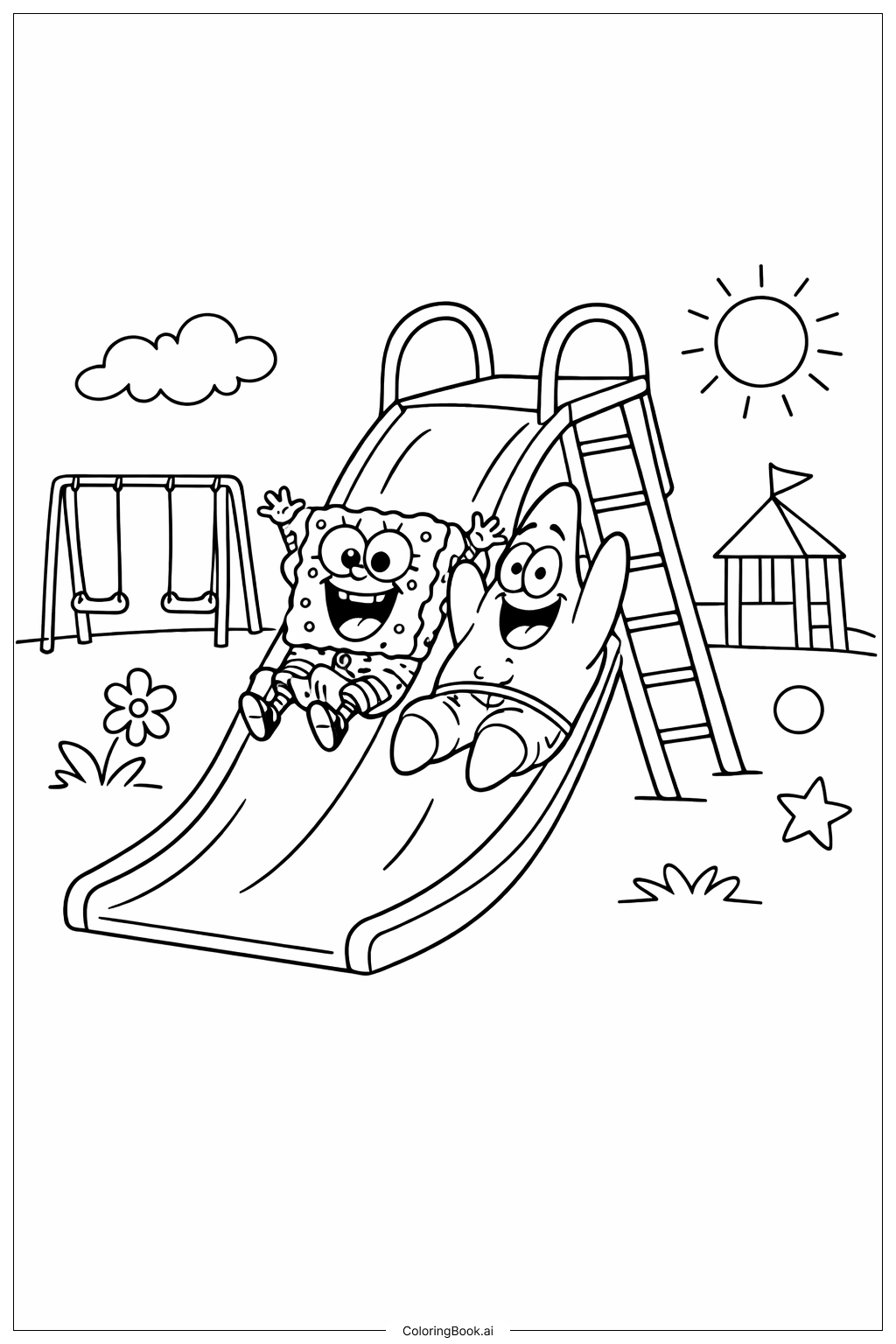  슬라이드 위의 스폰지밥과 패트릭 색칠공부 페이지 