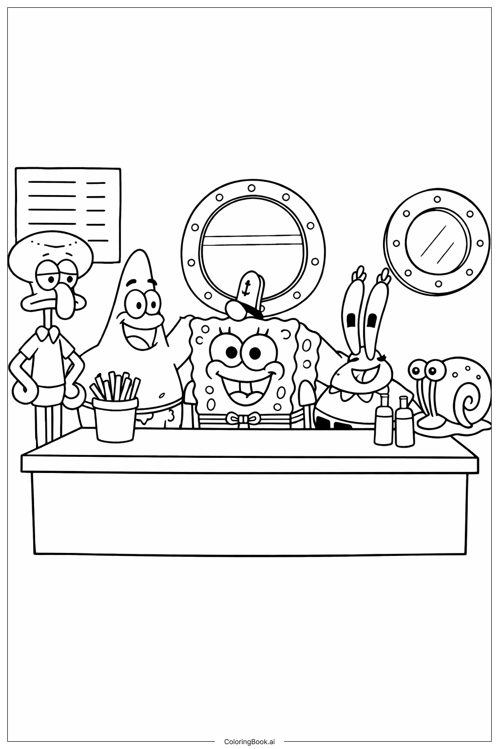  海绵宝宝角色在蟹堡王填色页 