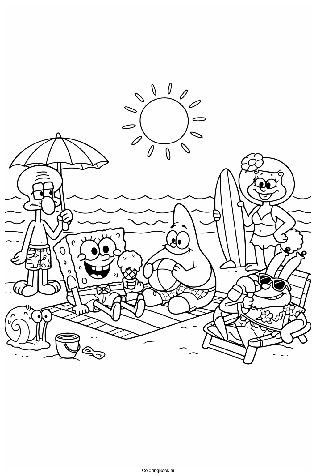 Spongebob Characters At The Beach Coloring Page (Free PDF&PNG Printable)