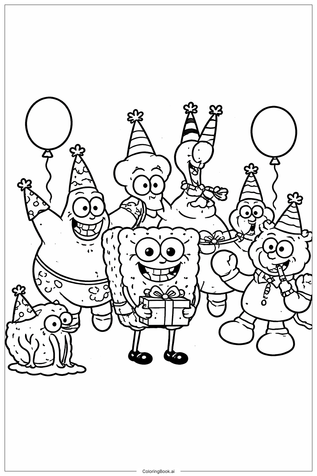 Spongebob Characters Birthday Party Coloring Page (Free PDF&PNG Printable)