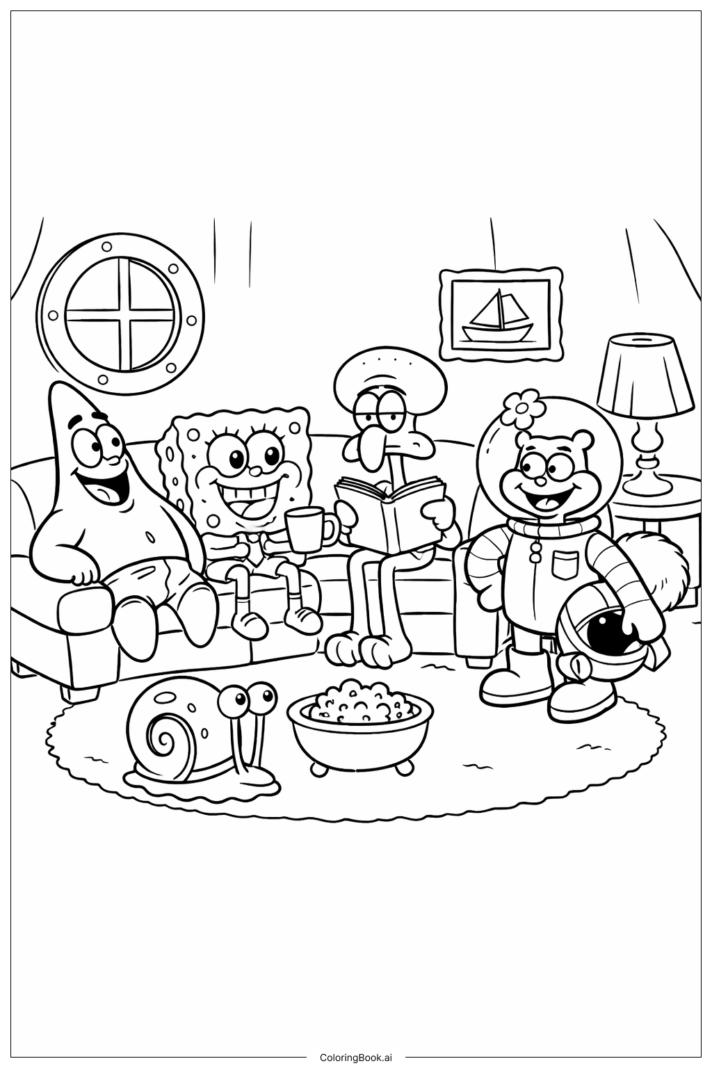  海绵宝宝角色在菠萝屋里填色页 