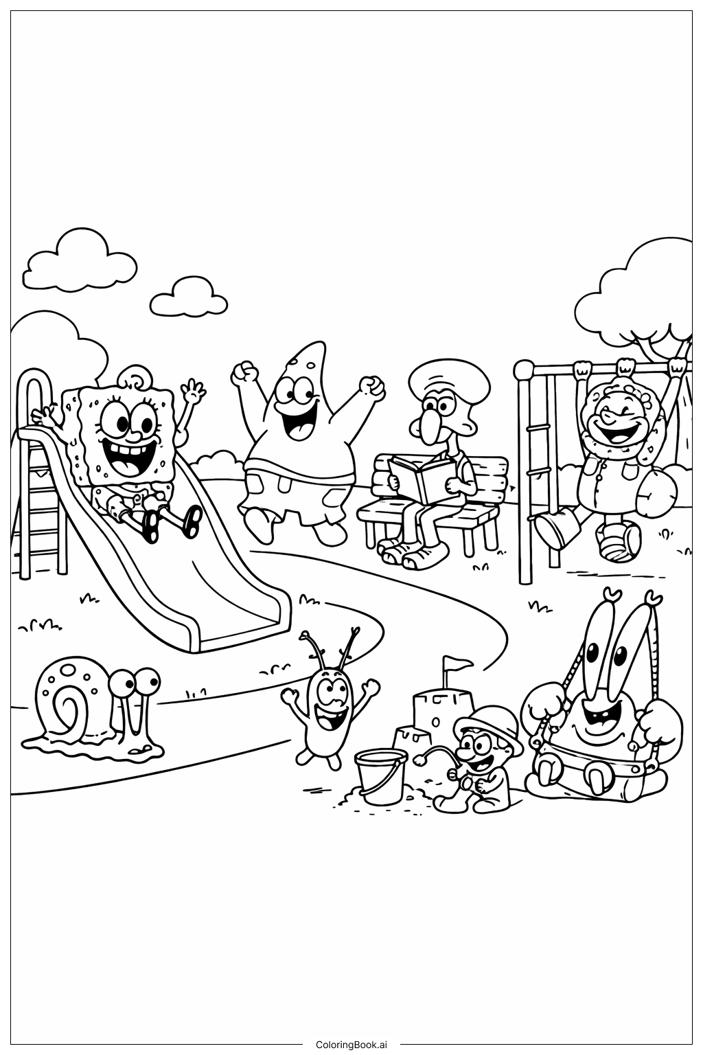  海绵宝宝角色在公园玩耍填色页 