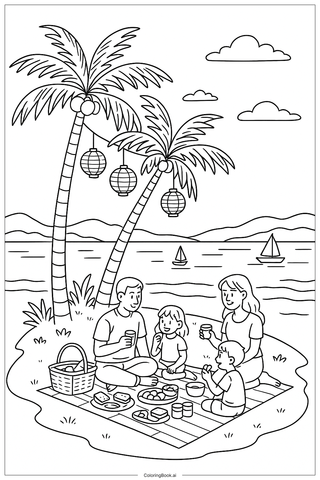  Page de coloriage Pique-nique au coucher du soleil sur l'île pendant les vacances de printemps 