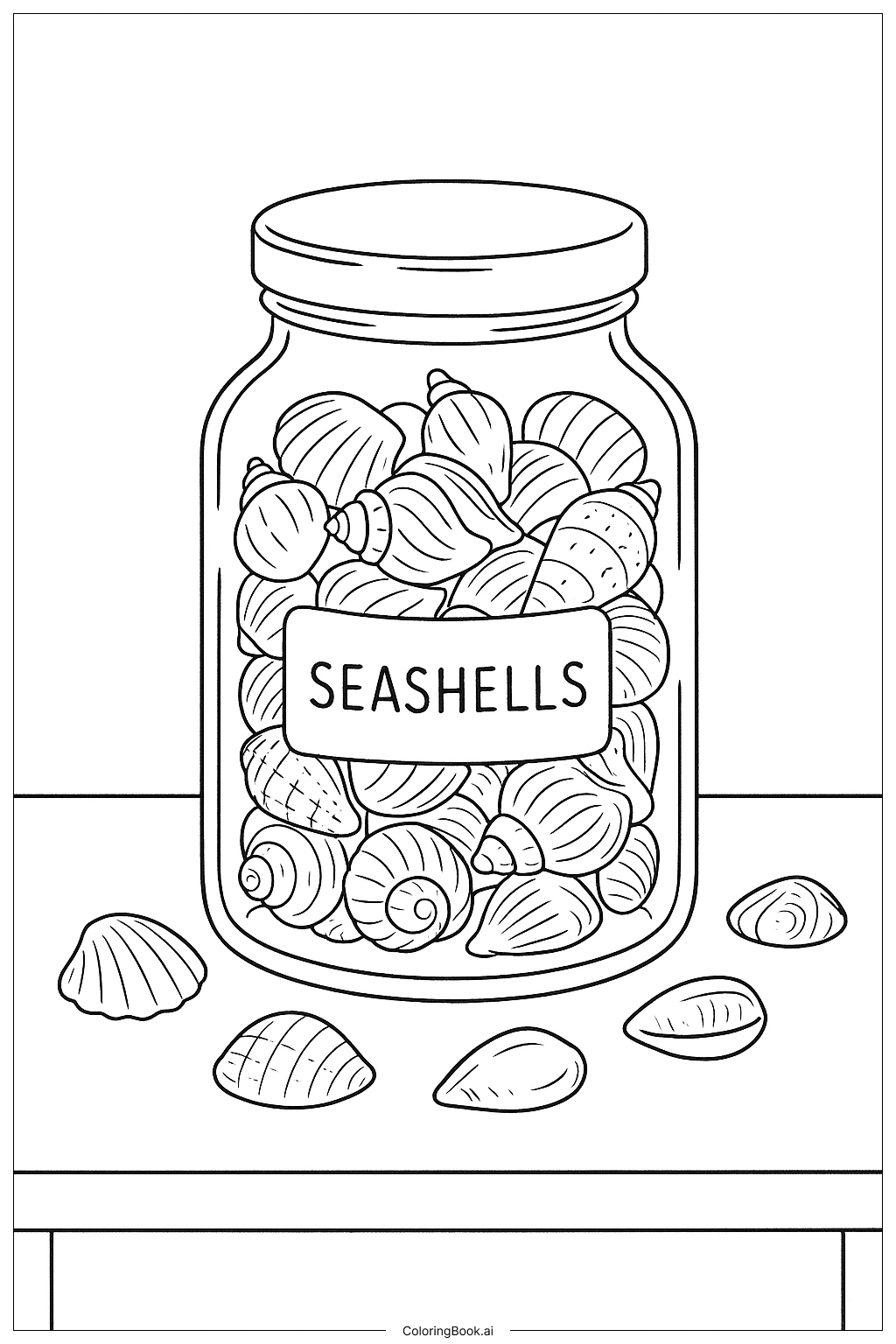  Page de coloriage Bocal de collection de coquillages de vacances de printemps 