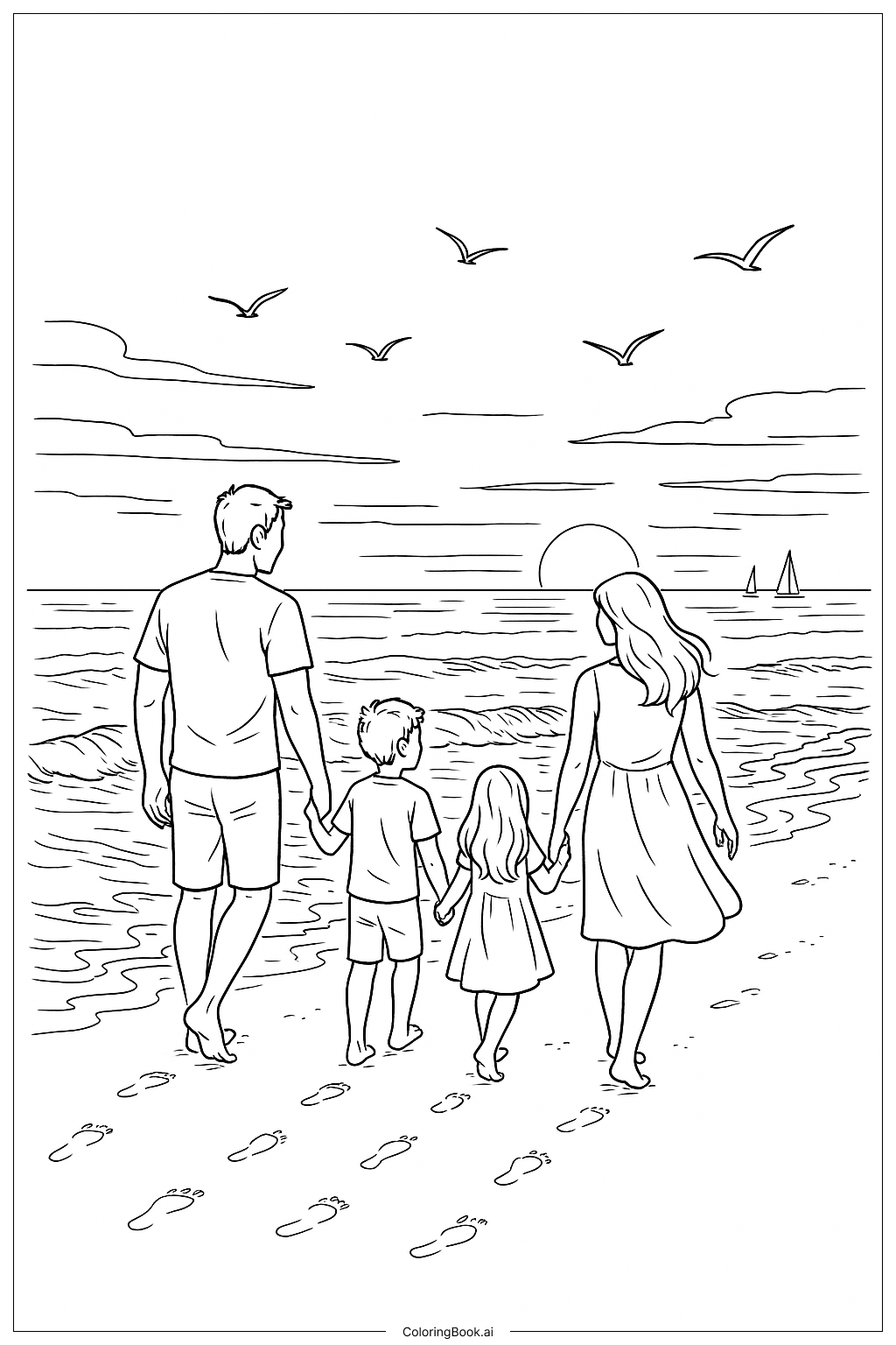  春假海滩夕阳散步填色页 