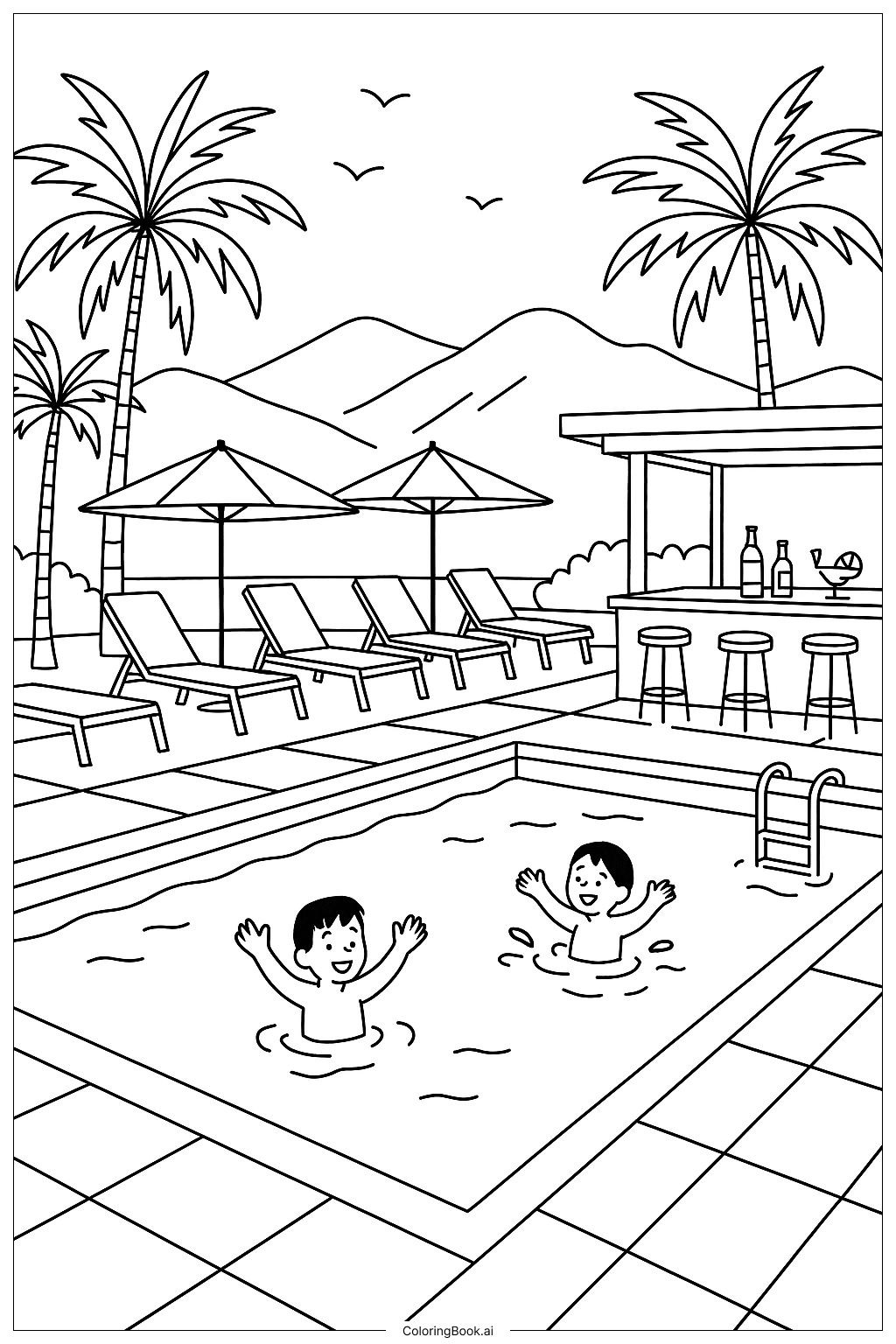  Page de coloriage Scène de vacances de printemps dans une station tropicale 