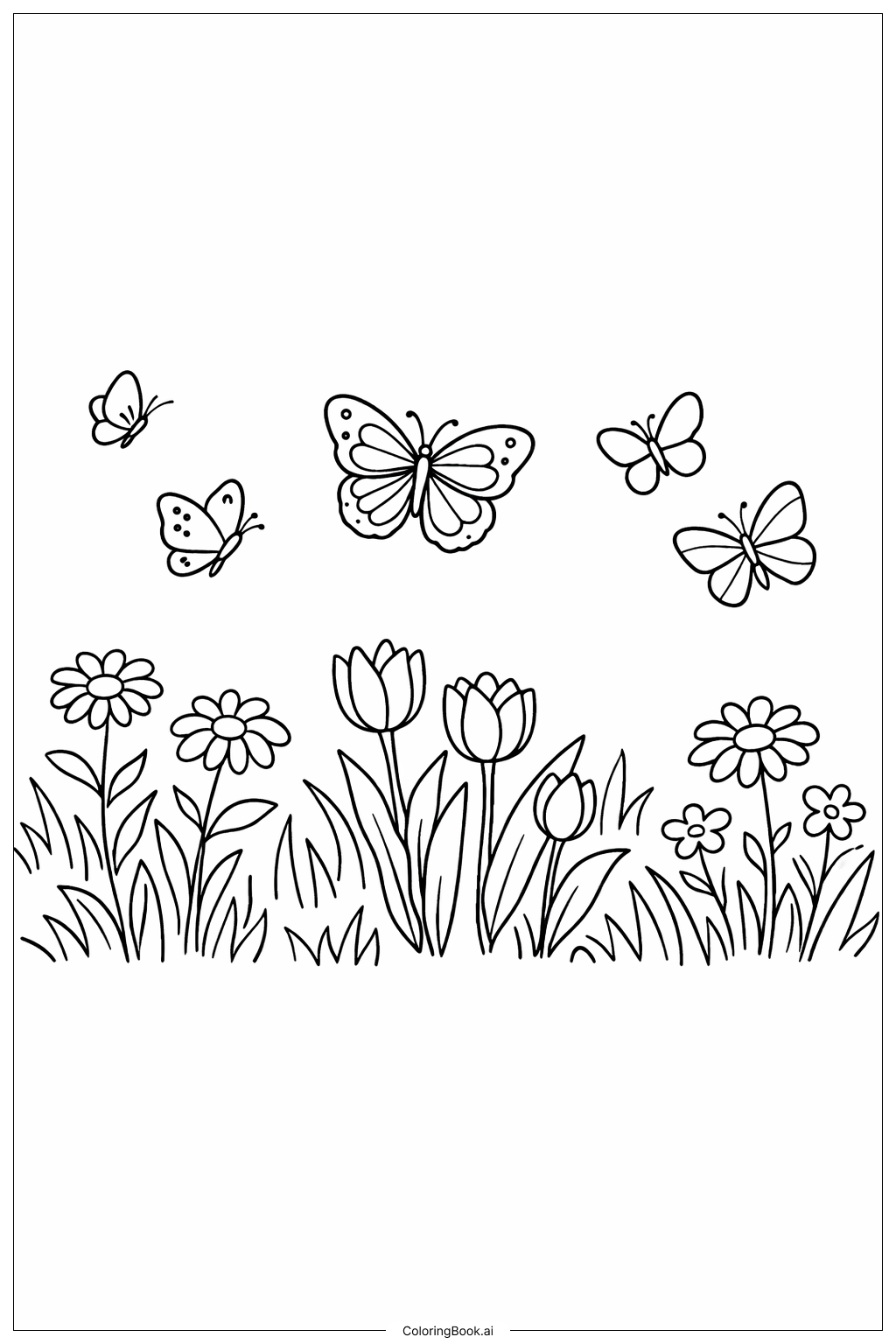  春の蝶々草原の塗り絵ページ 