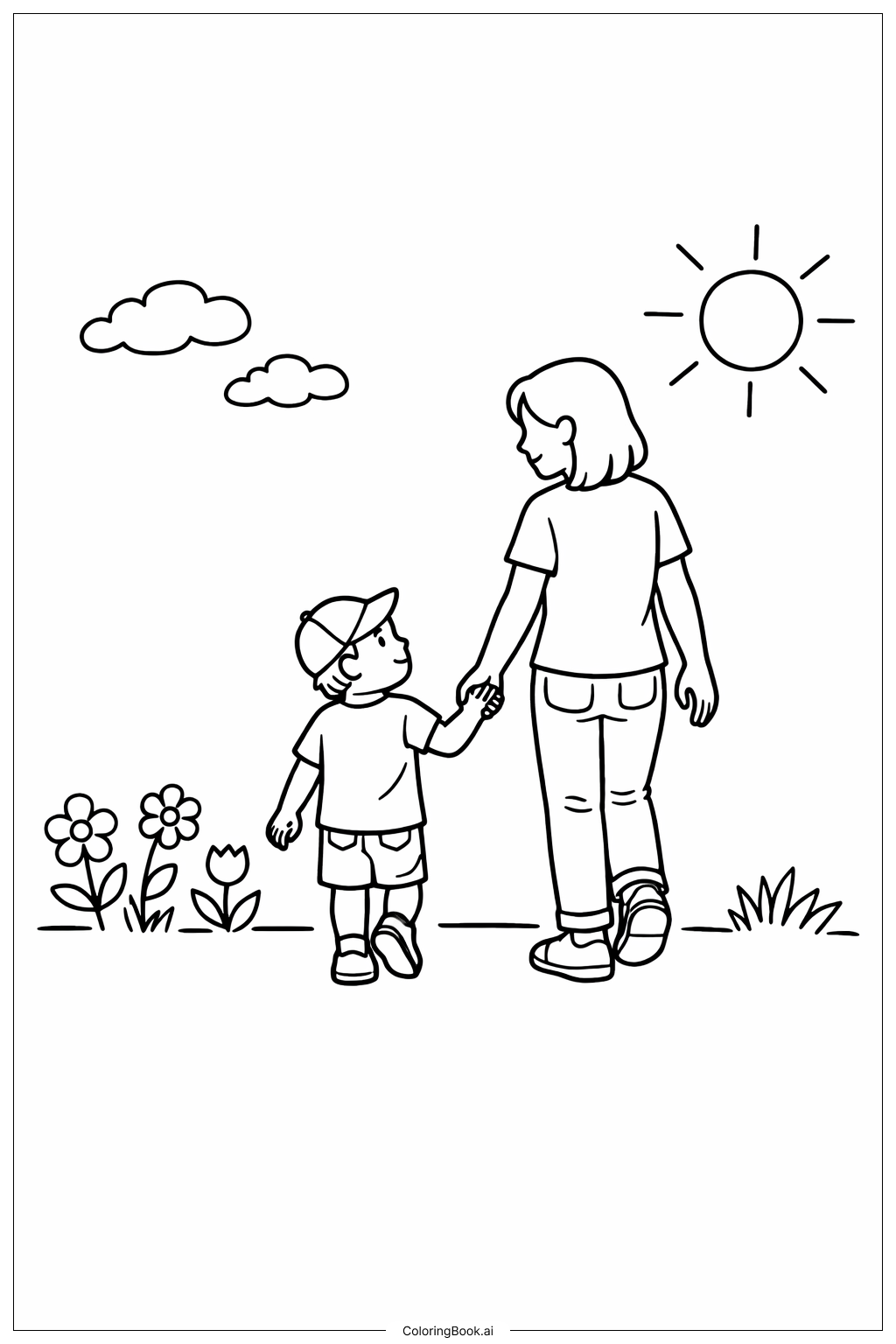  春の家族散歩の塗り絵ページ 