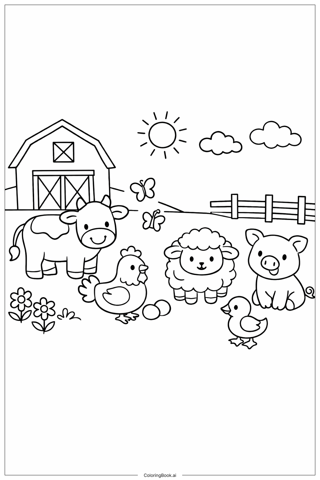  春の農場の塗り絵ページ 