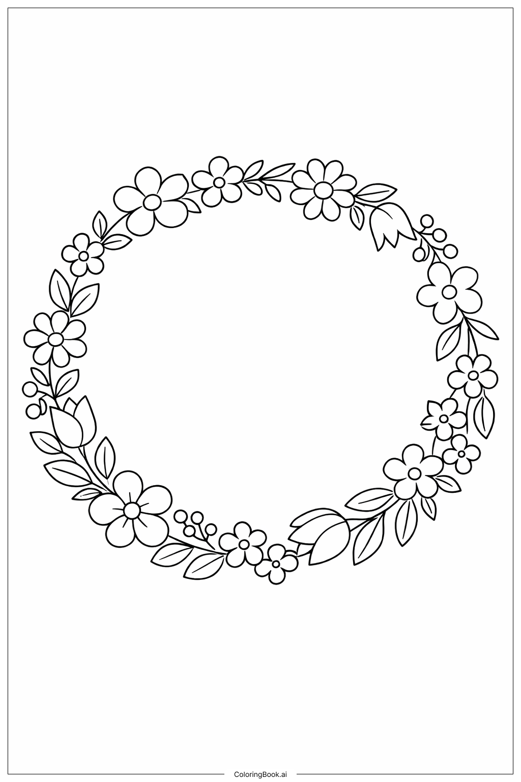  春の花のリースの塗り絵ページ 