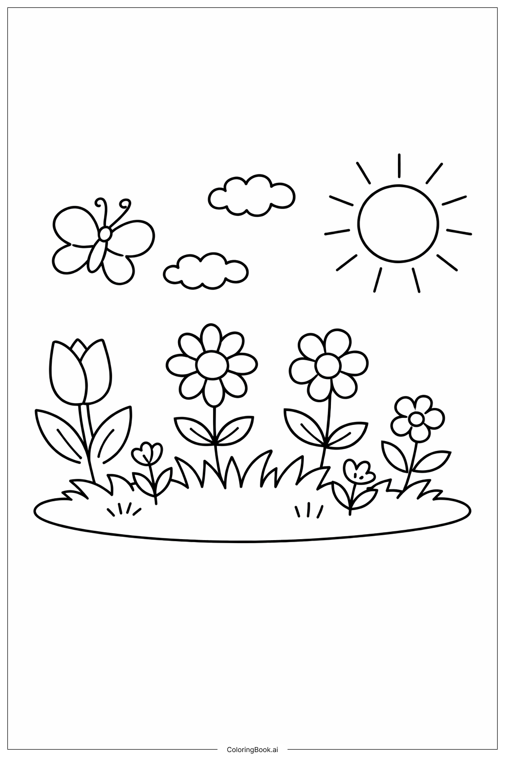  春の庭の風景の塗り絵ページ 