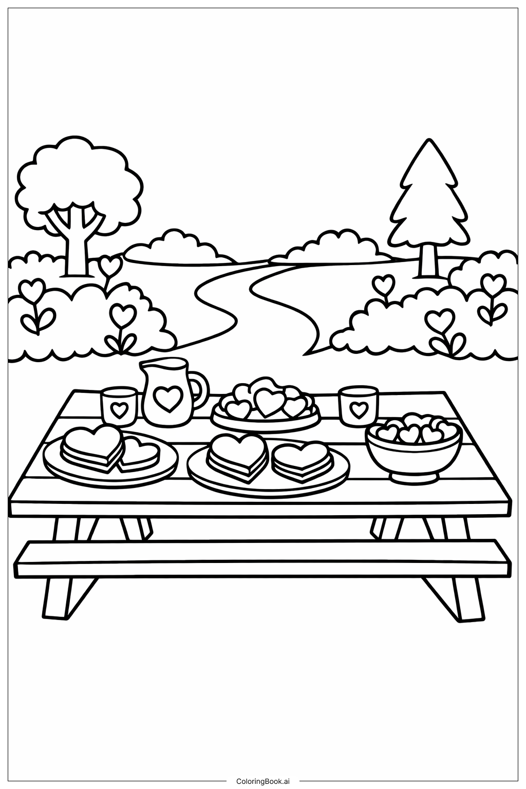 情人节花园野餐桌填色页 
