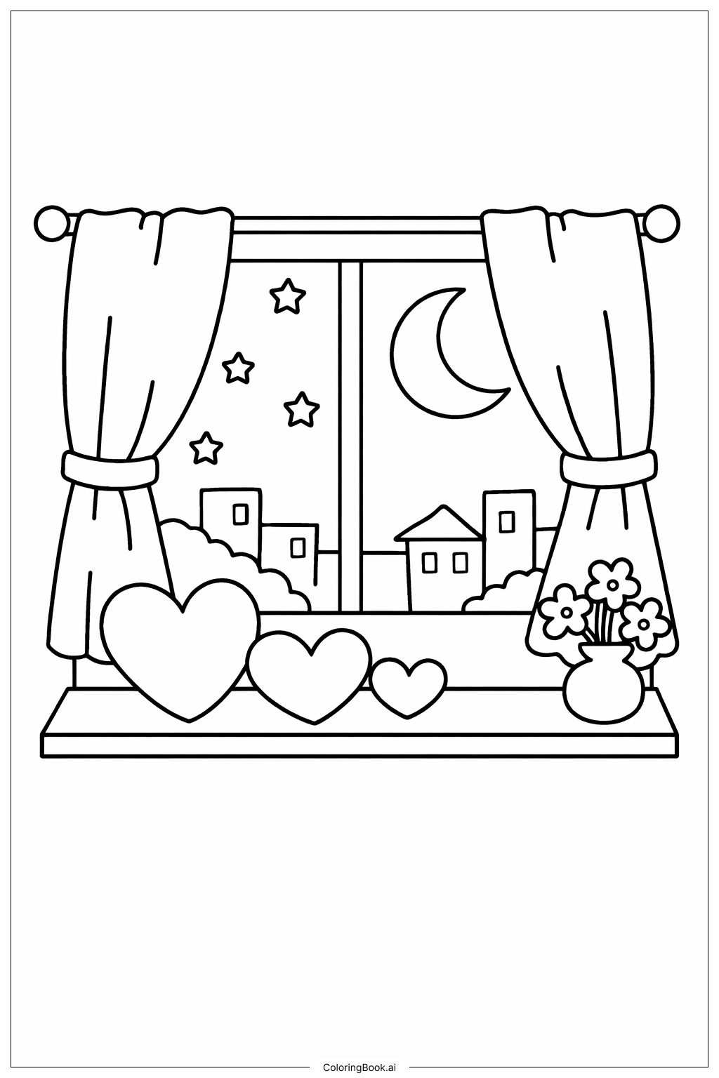  聖瓦倫丁心形窗景著色頁 