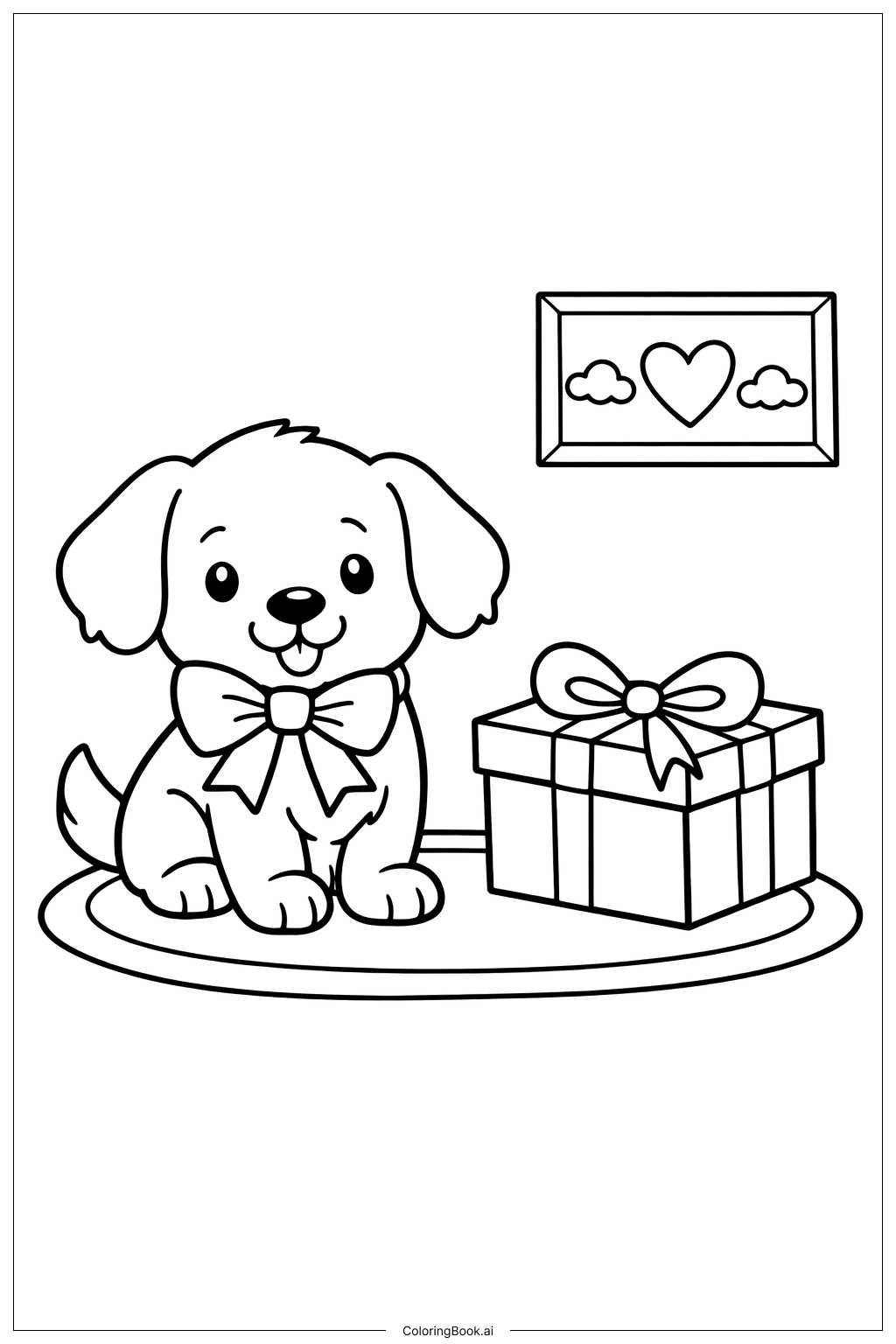  Page de coloriage Cadeau chiot de la Saint-Valentin 