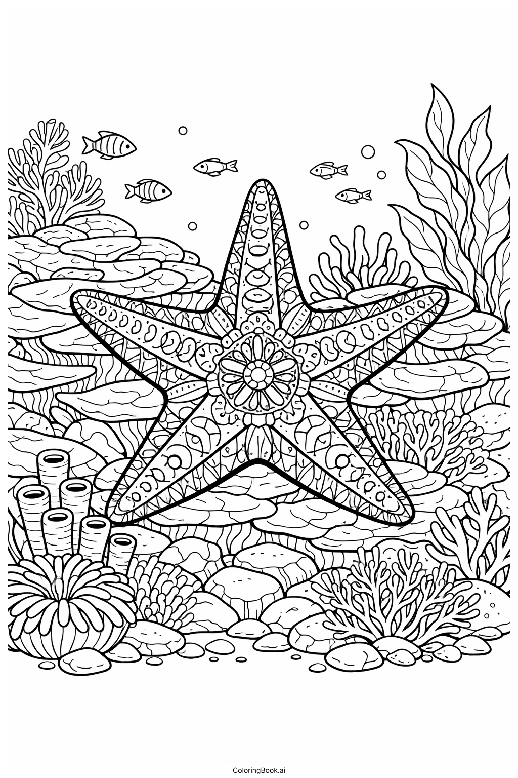 Página para colorir de Estrela-do-mar Entre o Recife de Coral
