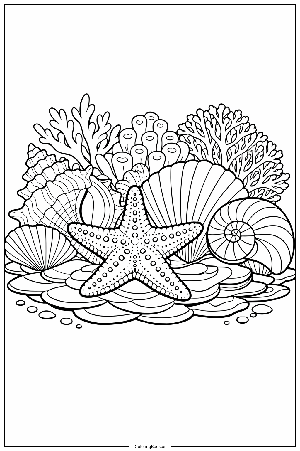 Seestern und Muscheln der Meerjungfrau Ausmalseite