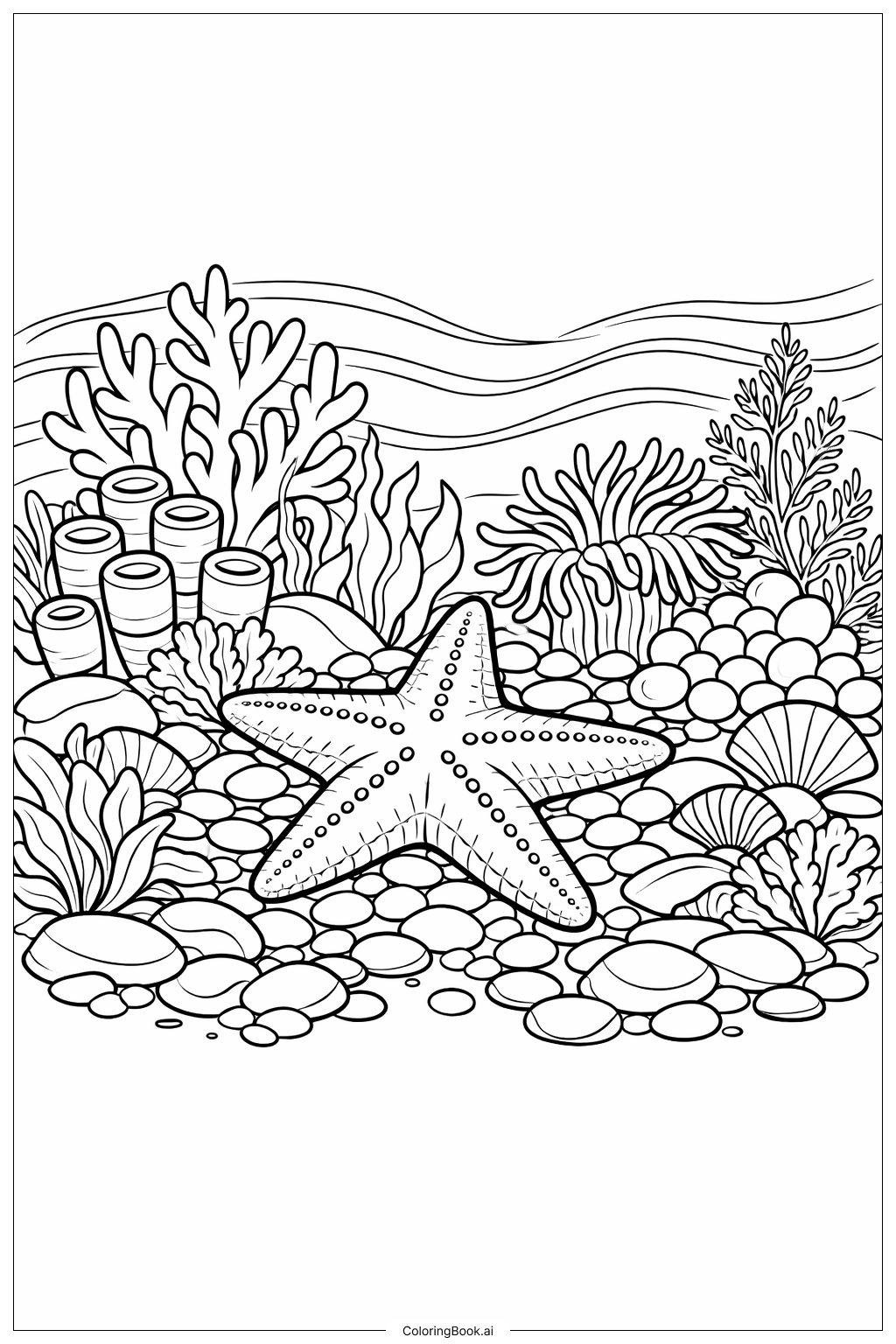  Página para colorear de Estrella de mar en jardín submarino 
