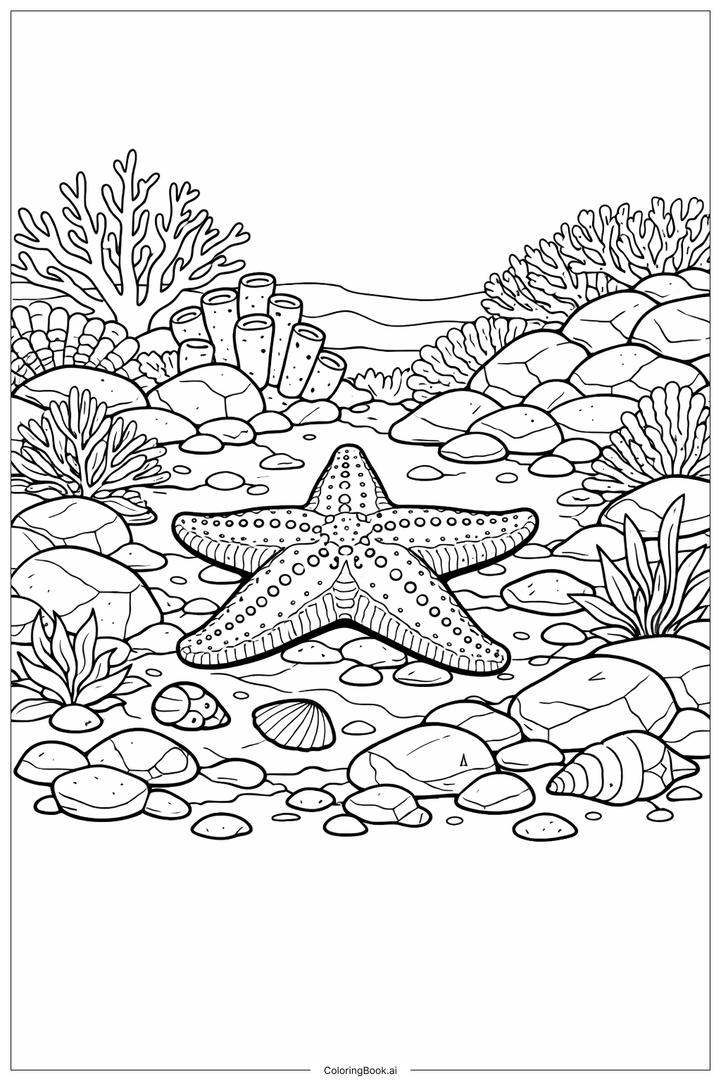  Página para colorear de Estrella de mar en fondo rocoso marino 