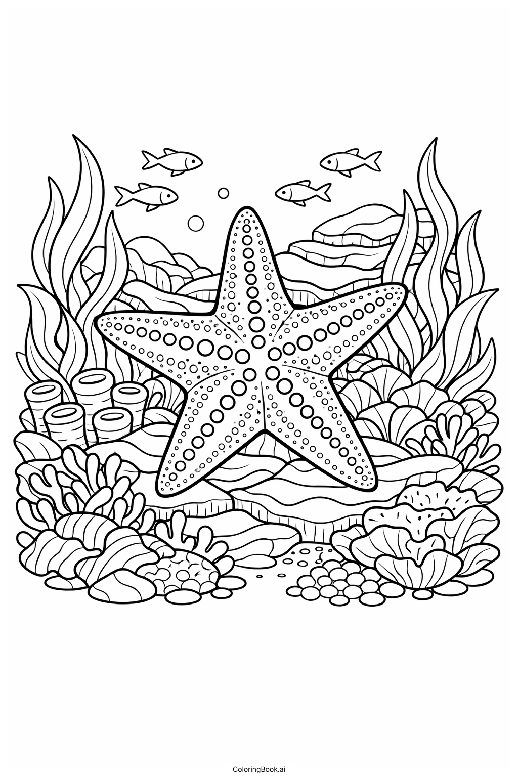 곡선 해초와 함께 있는 불가사리 색칠공부 페이지