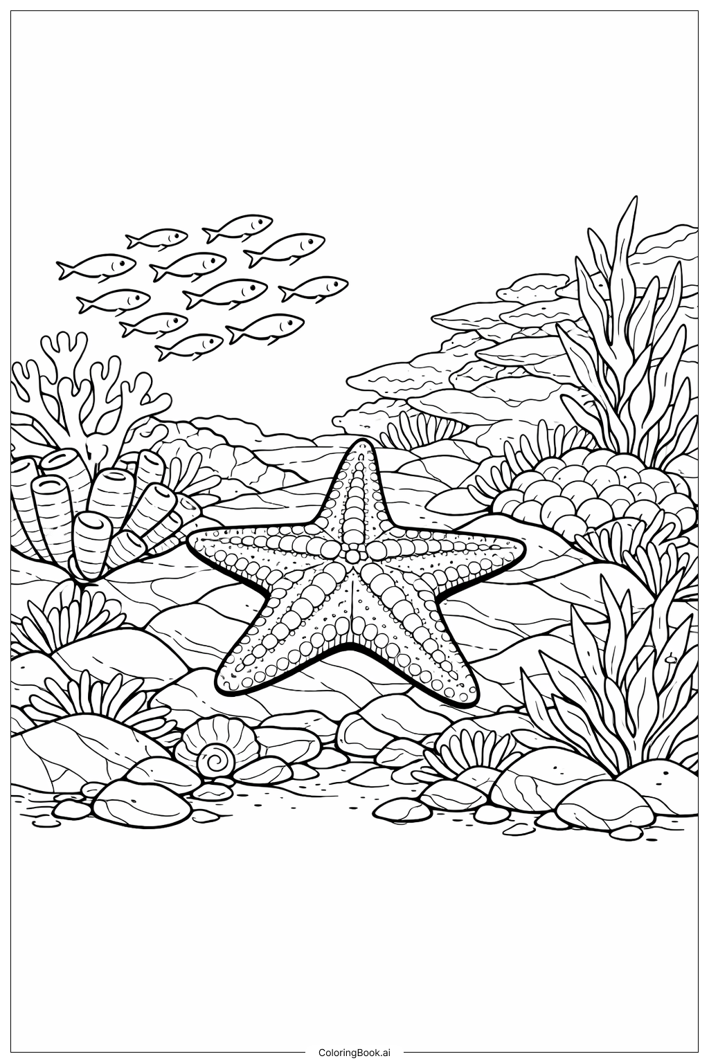  Página para colorear de Estrella de mar con banco de peces 