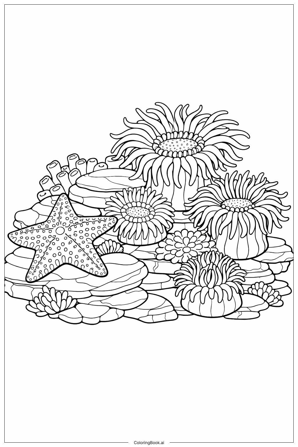  Página para colorear de Estrella de mar con anémonas de mar 