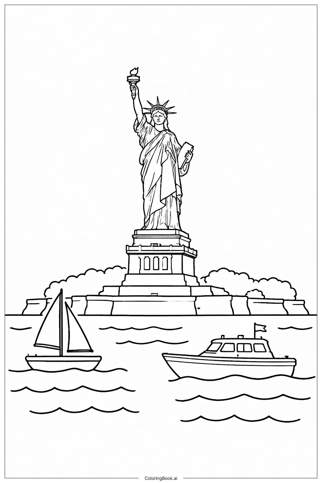  自由女神像與船隻著色頁 