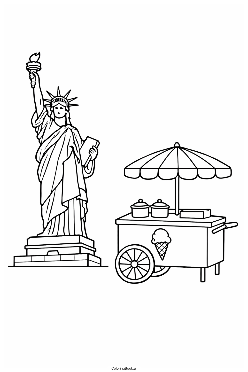  Página para colorear de Estatua de la Libertad con carrito de helados 