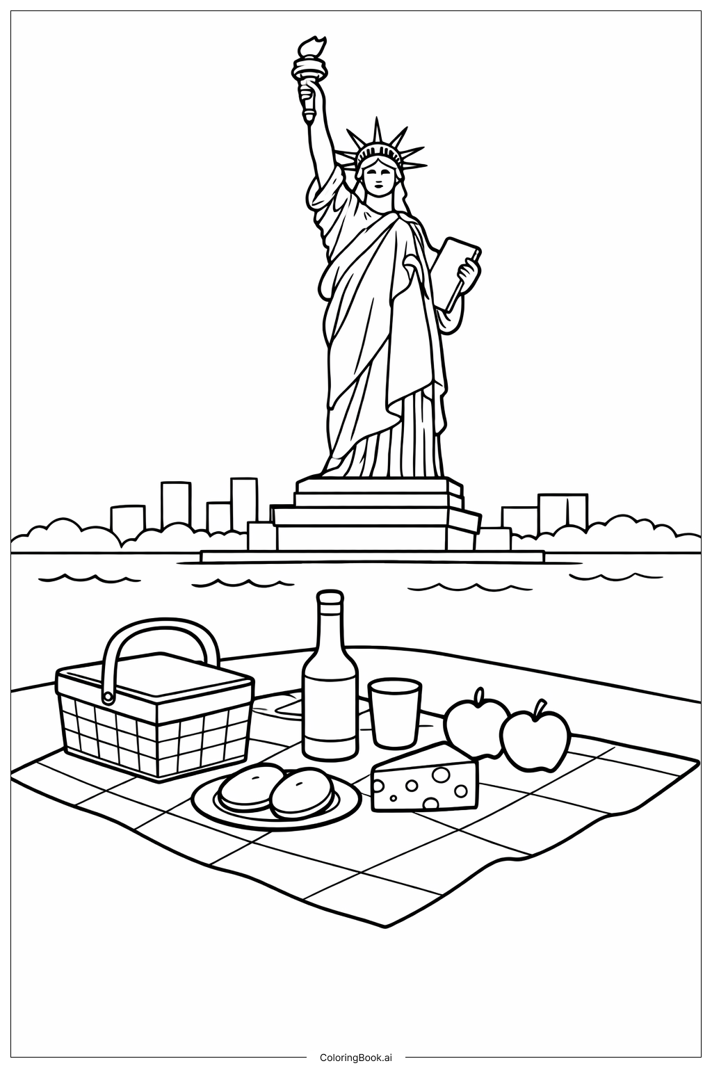  自由女神像野餐著色頁 