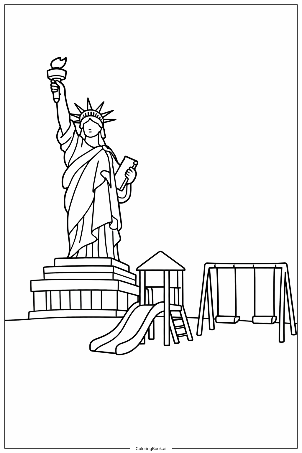  自由女神像和儿童游乐场填色页 