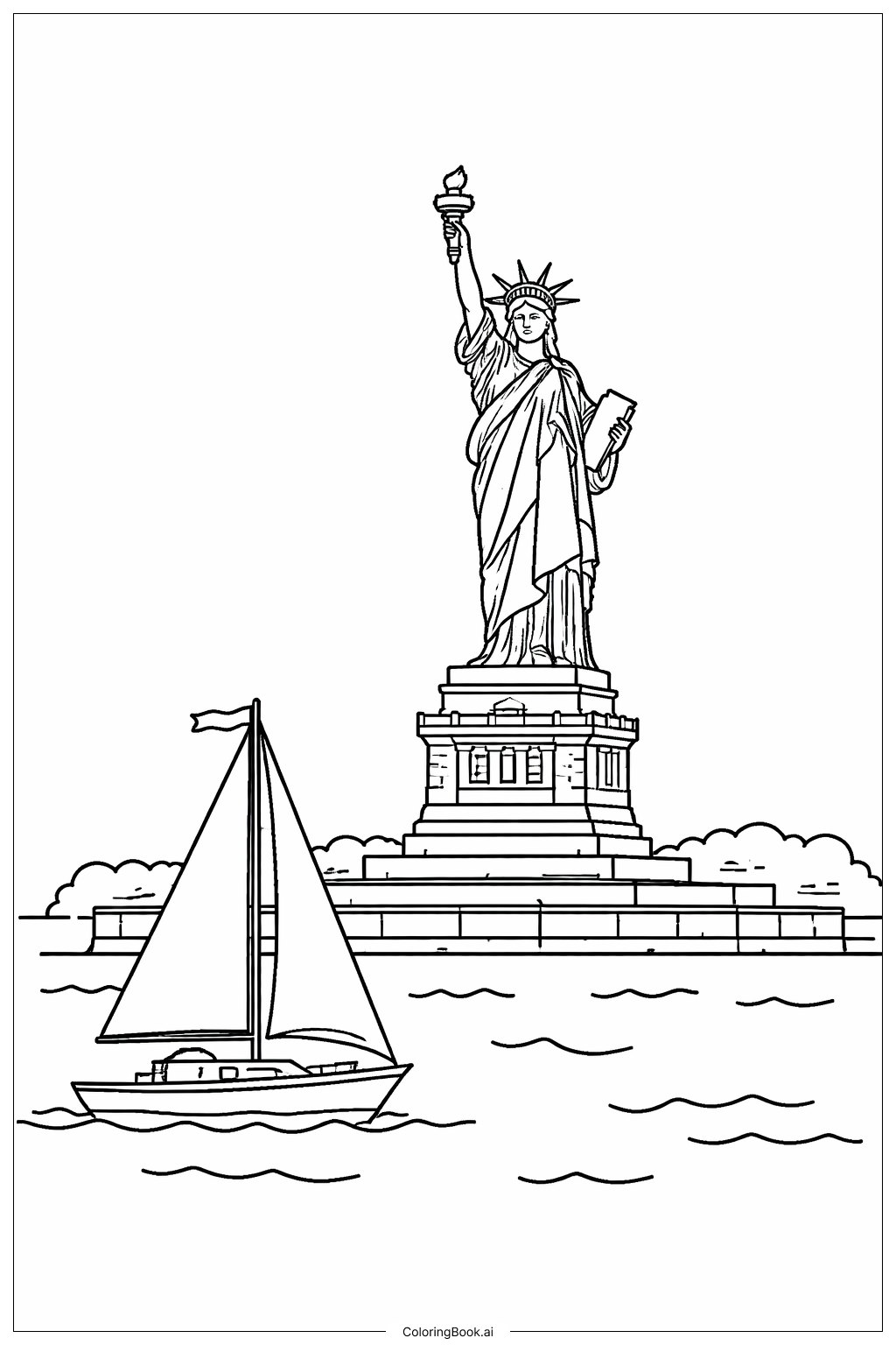  自由女神像与帆船填色页 