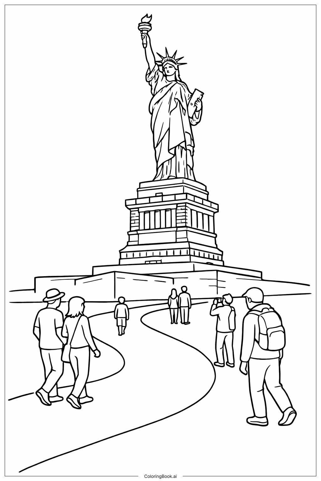  自由女神像与游客填色页 
