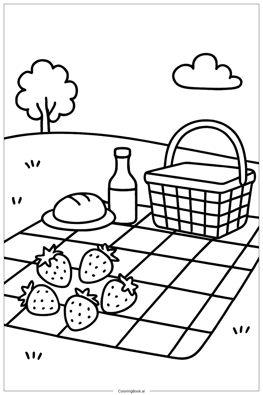 草莓野餐場景著色頁