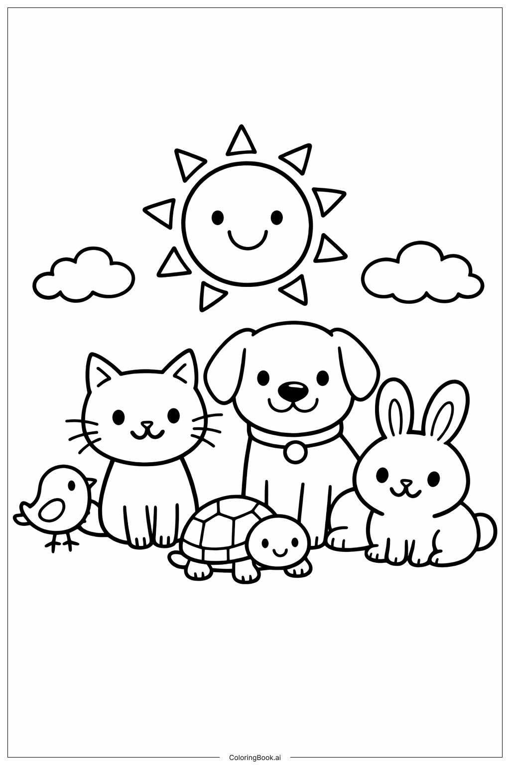  태양과 친근한 동물들 색칠공부 페이지 