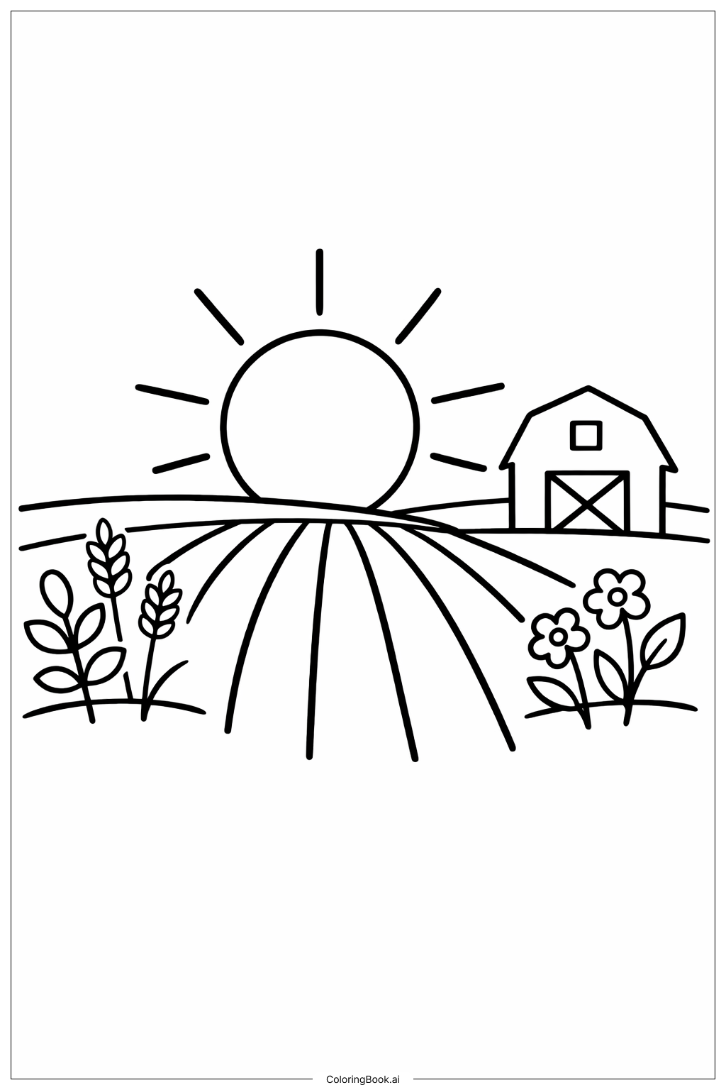  농장 밭 위의 태양 색칠공부 페이지 