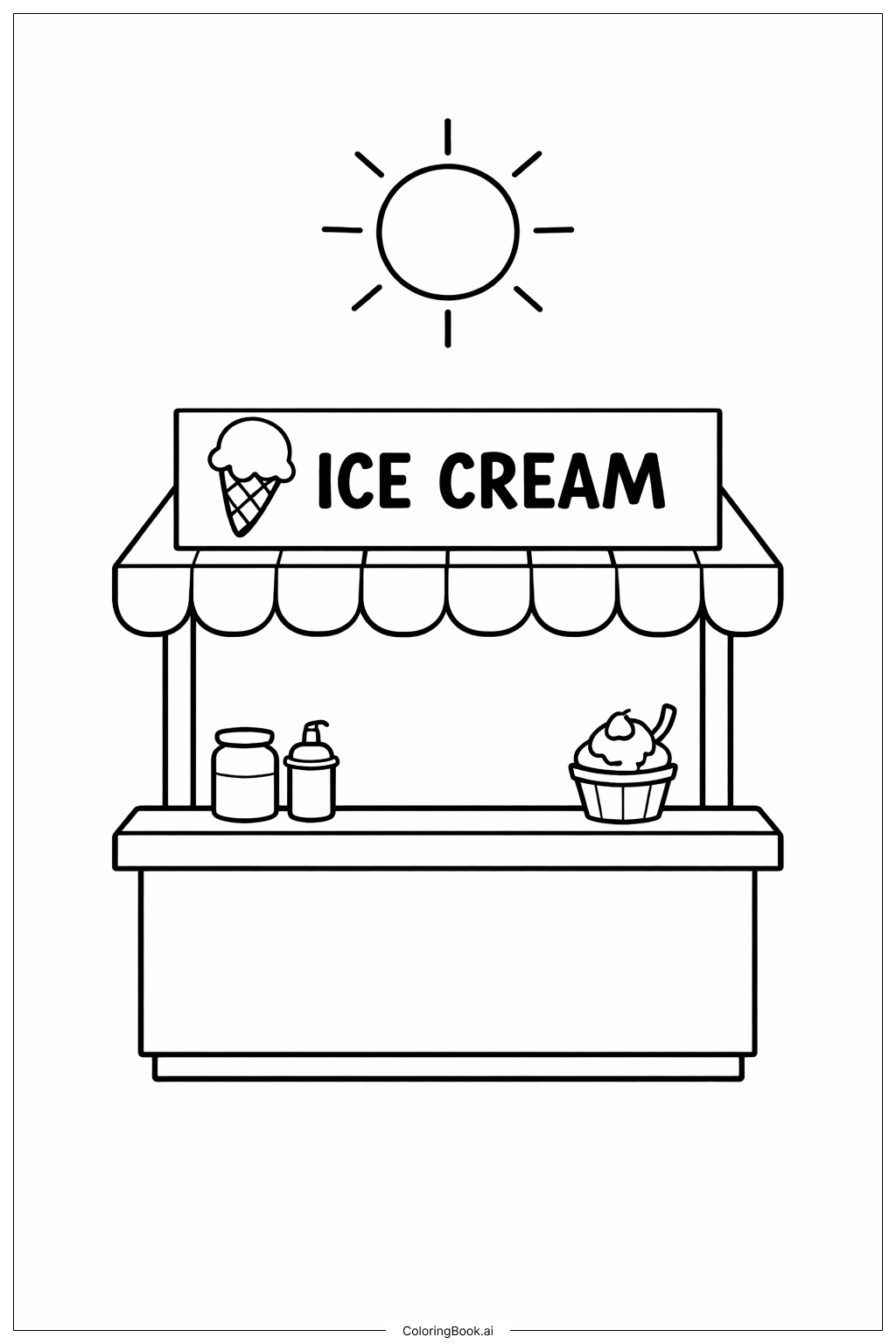  아이스크림 가판대 위의 태양 색칠공부 페이지 