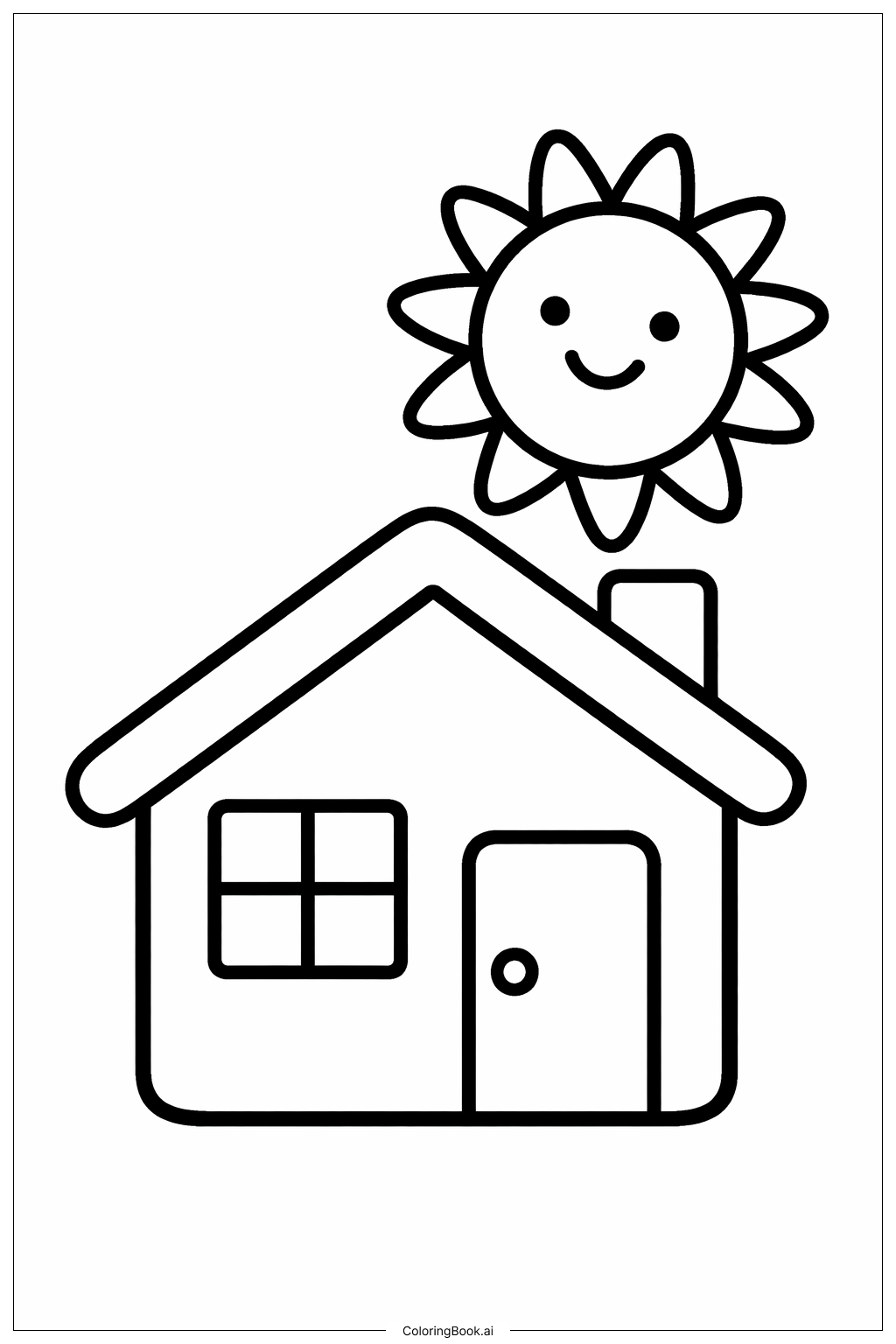  단순한 집 위의 태양 색칠공부 페이지 