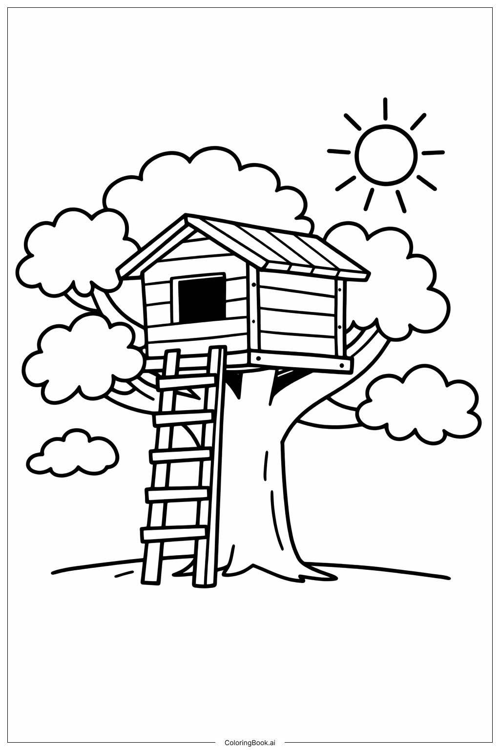  나무 위 집과 태양 색칠공부 페이지 