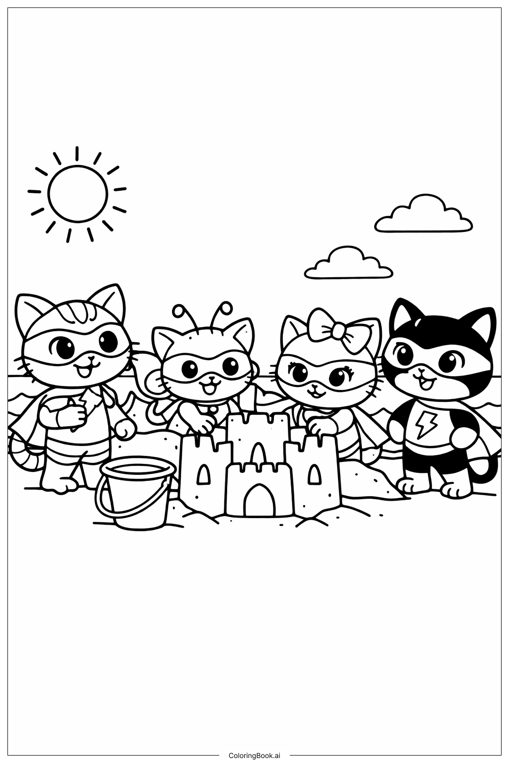  Página para colorear de Super Gatitos en la Playa 