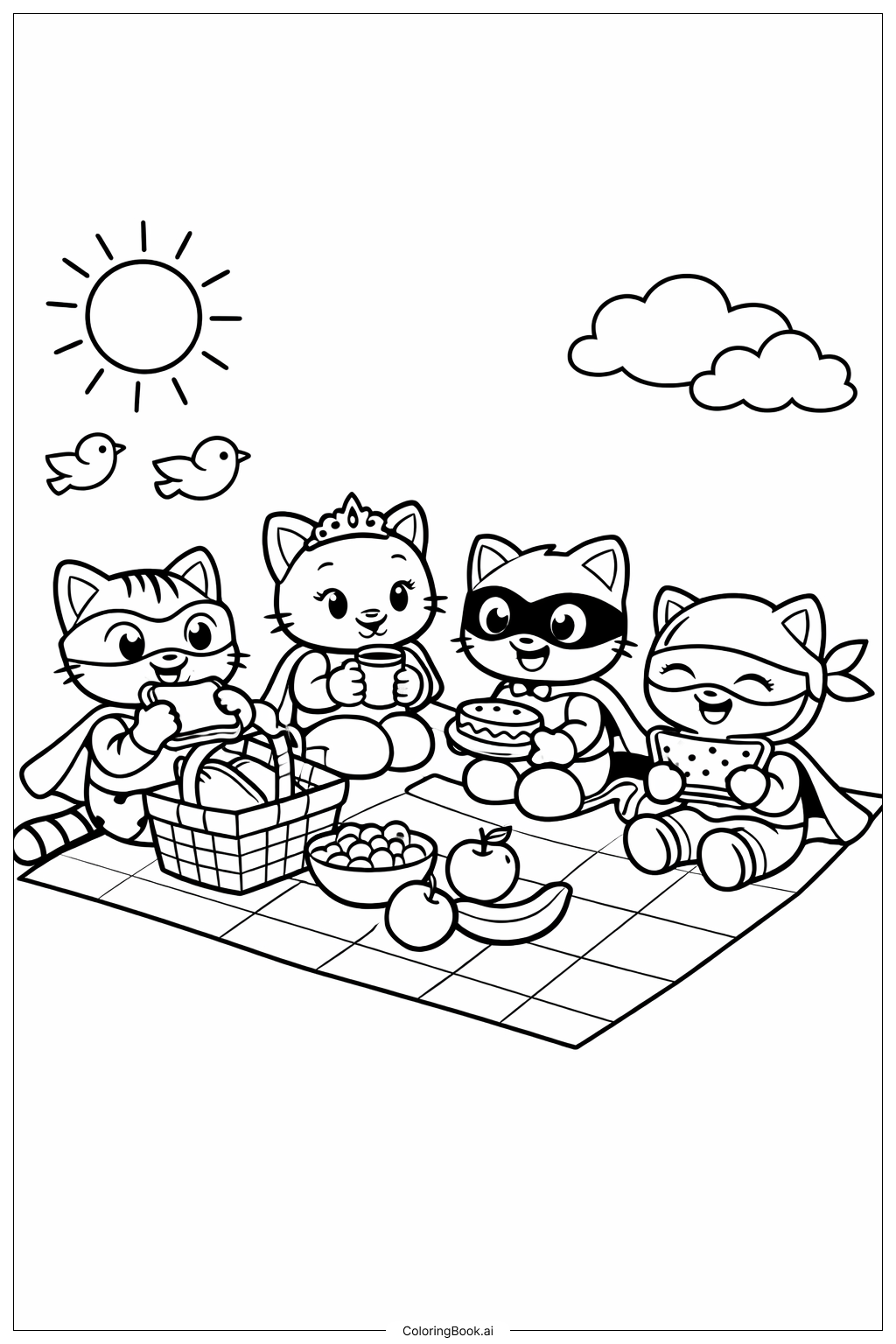  Página para colorear de Super Gatitos en el Picnic 