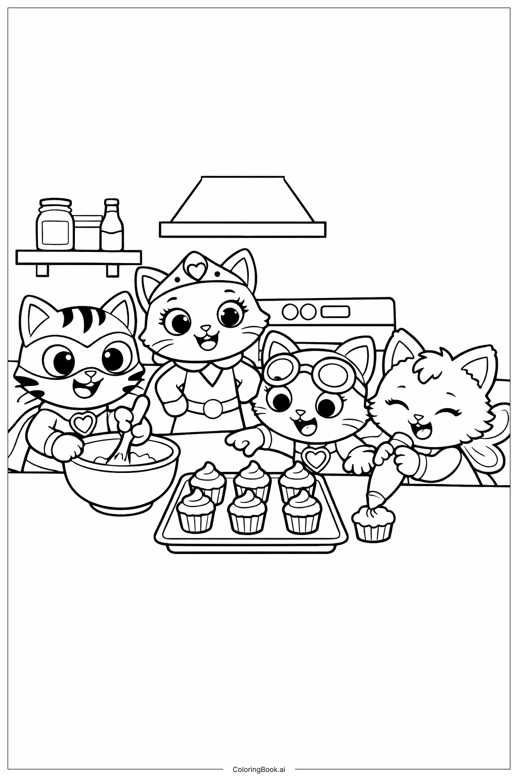  Página para colorear de Super Gatitos Horneando Cupcakes 