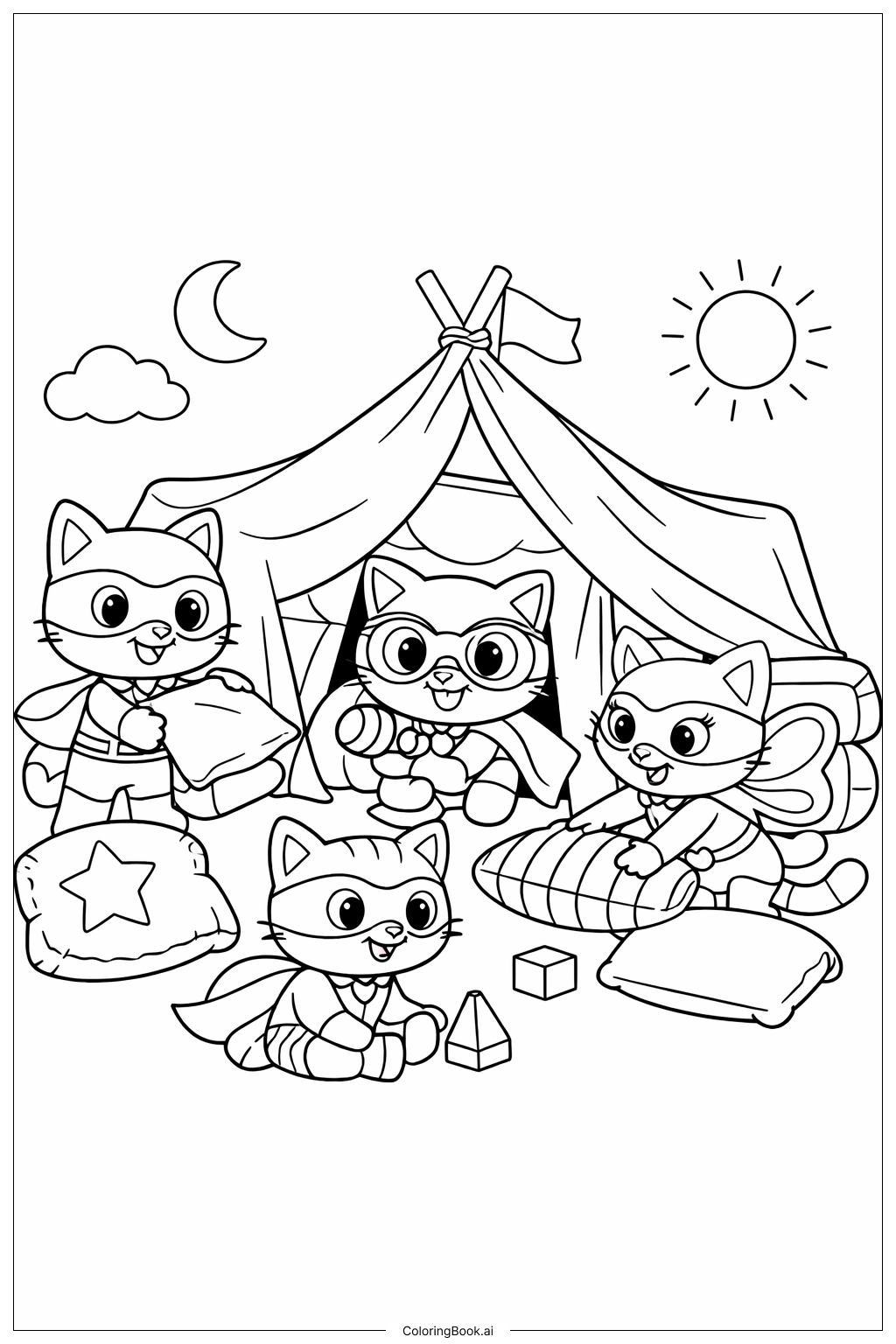  Página para colorear de Super Gatitos Construyendo un Fuerte 