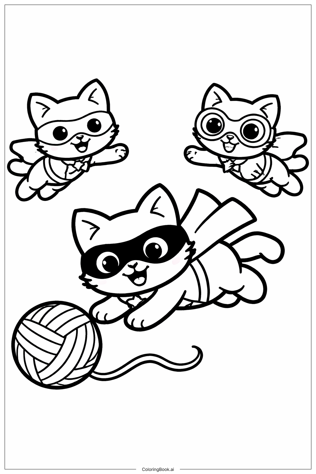  Página para colorear de Super Gatitos Persiguiendo Hilo 