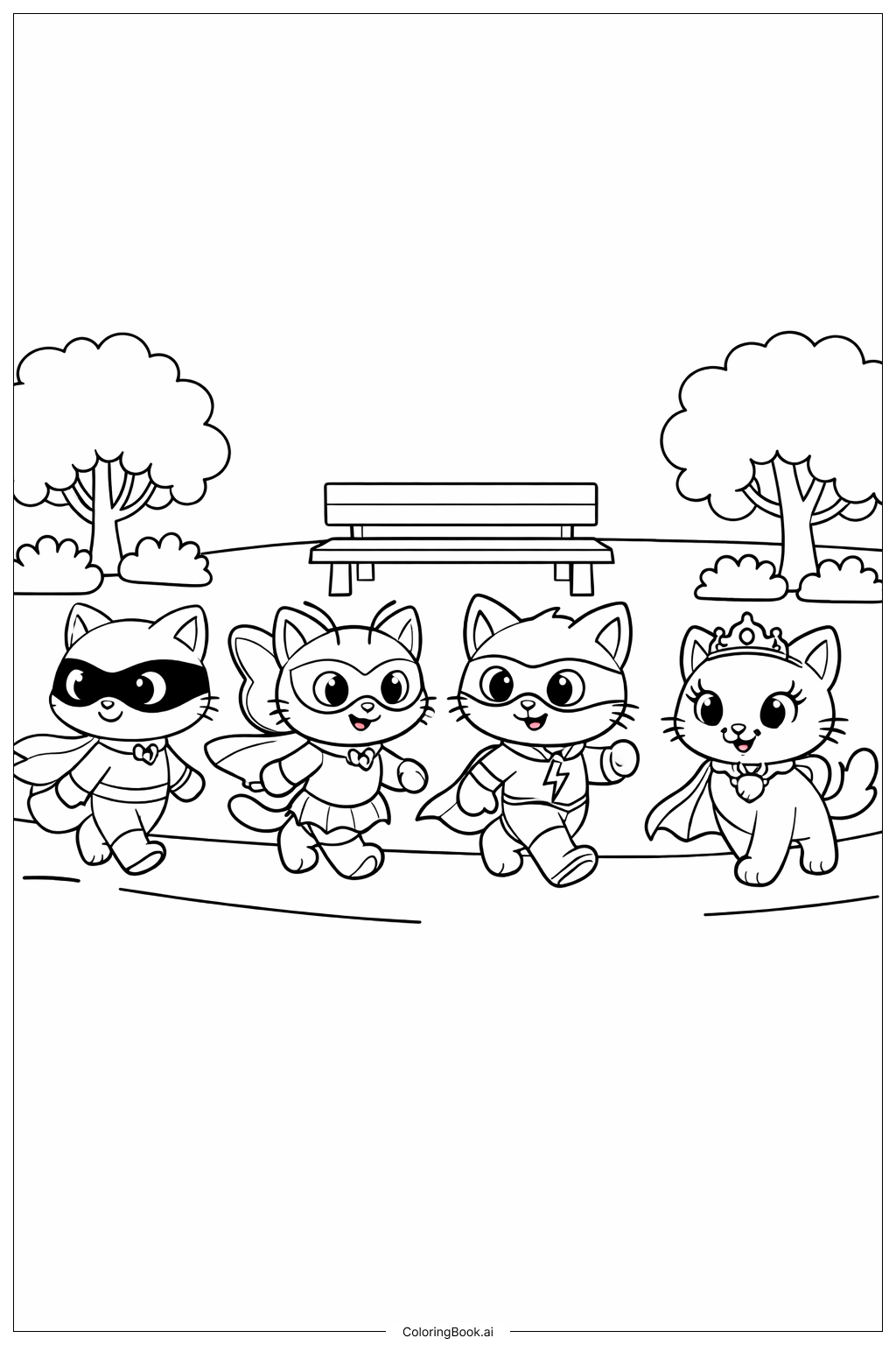  Página para colorear de Super Gatitos Explorando el Parque 