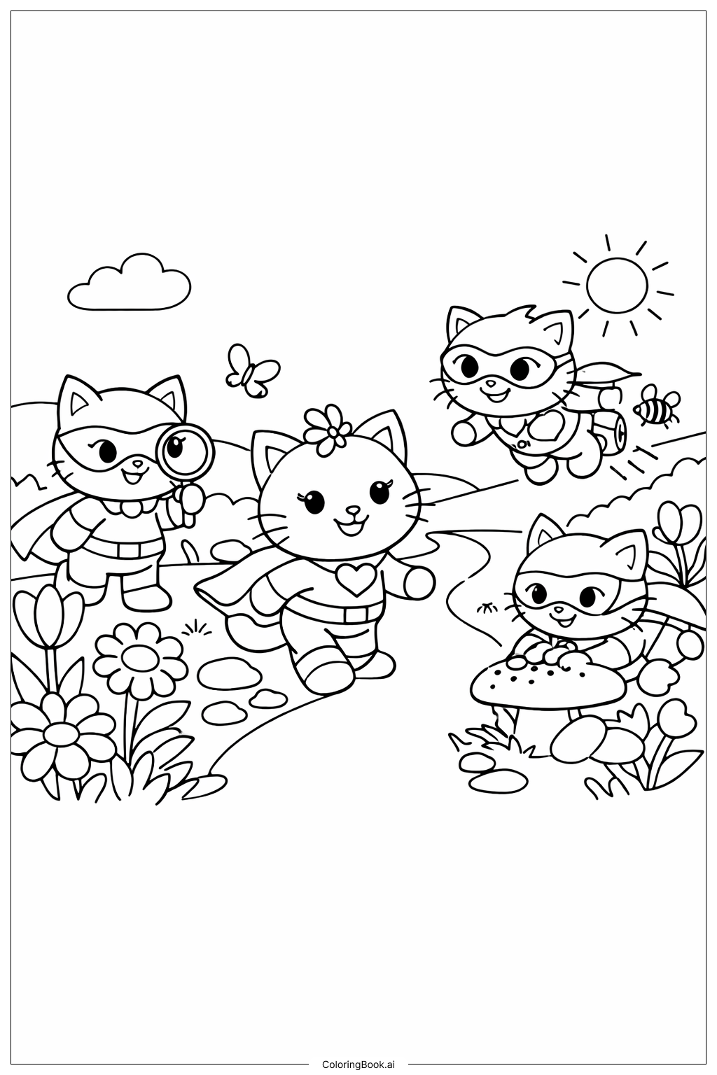  Página para colorear de Super Gatitos en el Jardín 