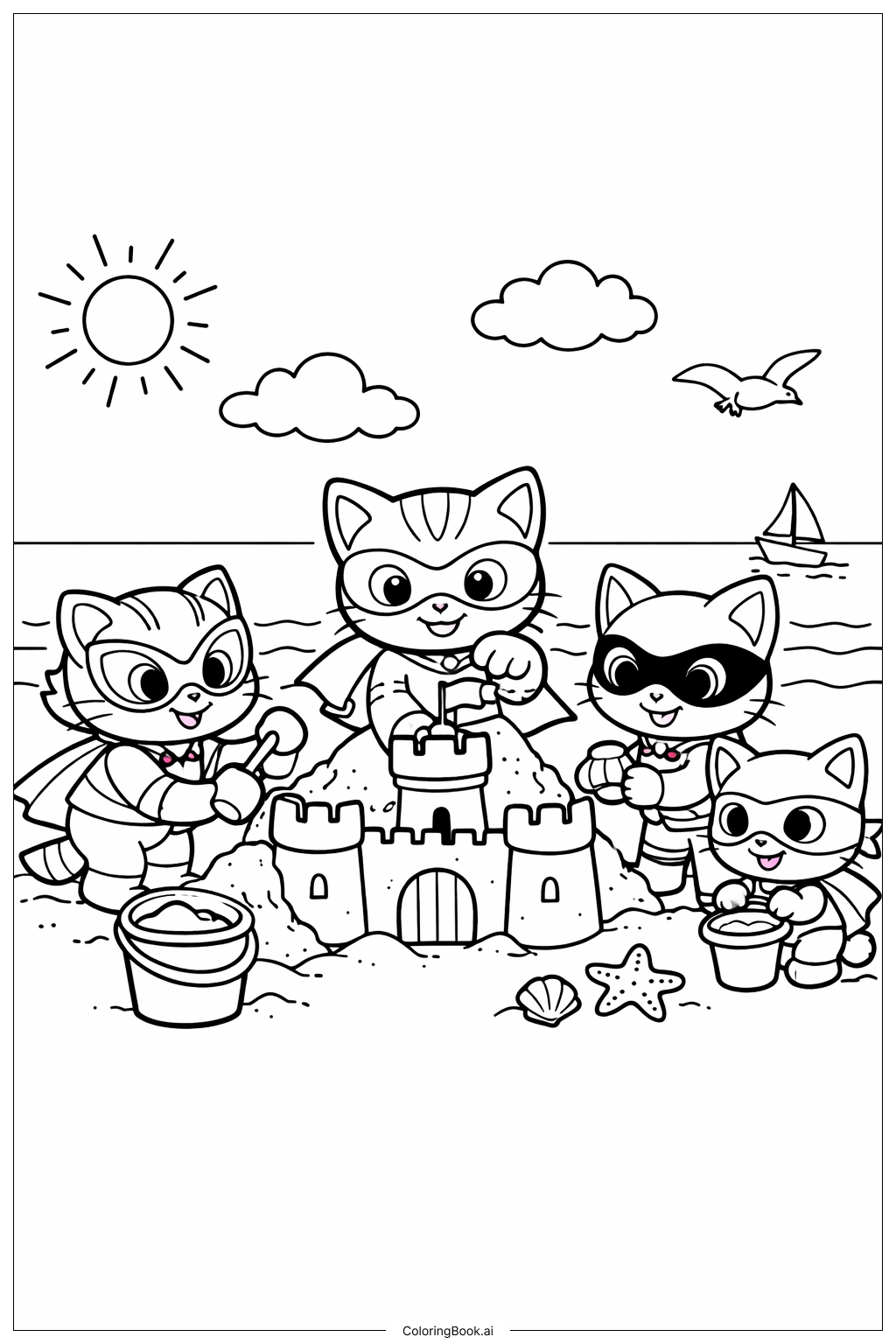  Página para colorear de Super Gatitos Construyendo un Castillo de Arena 